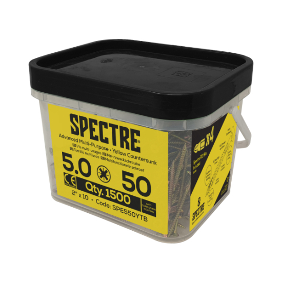 Spectre Woodscrew 5.0 x 50mm Tub 1500 Yellow Zinc & x4 bits