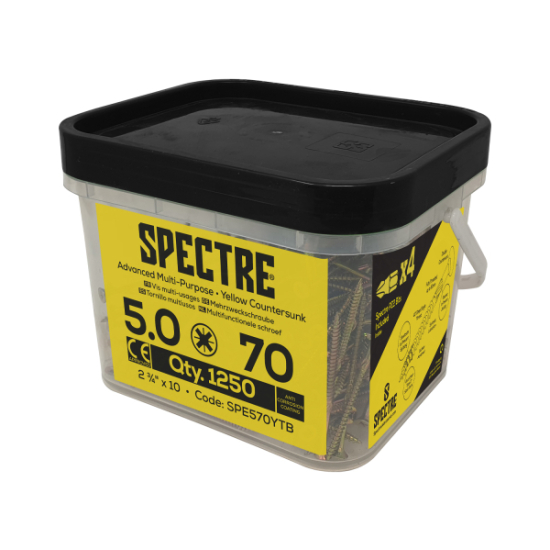 Spectre Woodscrew 5.0 x 70mm Tub 1250 Yellow Zinc & x4 bits