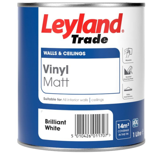 Leyland Trade Vinyl Matt Emulsion Paint  Brilliant White 1L